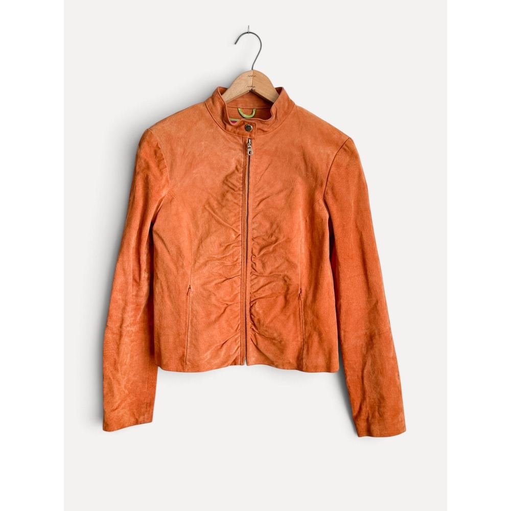 Wilsons Leather Maxima Suede Moto Jacket Medium Orange Ruched Zip Mock Neck
